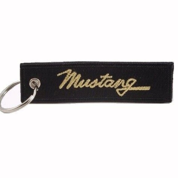 Ford Mustang Black-Gold Key Chain Fob Embroidered - NEW - Picture 1 of 3